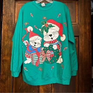 Vintage 80s/90s Ugly Christmas Sweater Holiday Cats Green Size L  Sweatshirt